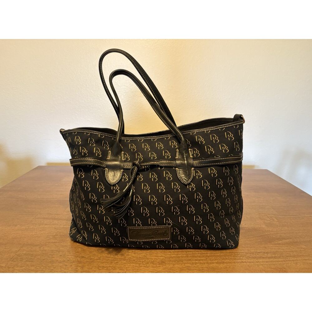 Dooney And Bourke Black Monogram Tote Satchel Leather Strap VTG 90s Top Handle